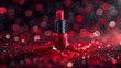 a red lipstick is on a shiny surface with a blurry boke of lights in the background and a sparkly red background 