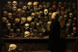 Solemn figure contemplates a wall filled with an array of ancient skulls in dim light