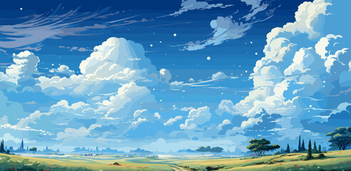 Canvas Print - Vector blue sky clouds. Anime clean style. Background design