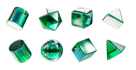 Fototapete - Green crystal geometry shape set isolated on white background 3d rendering 