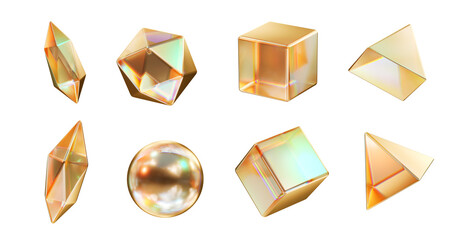 Poster - Gold crystal geometry shape set isolated on white background 3d rendering 