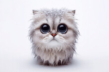 Portrait Of A Frozen Cute Cat With Bulging Big Eyes On A Solid White Background. Ai Generative