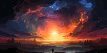 The Man Looking At A Strange Rainbow Light Rise In Front Of Him., Digital Art Style, Illustration Painting
