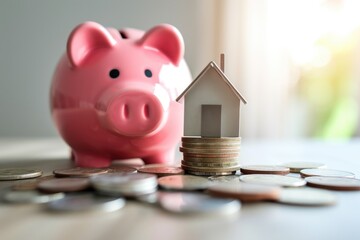 Piggy bank and stack of coins with a little house