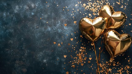 Wall Mural - Generative AI, Foil golden balloons in heart shape and confetti for Valentine's day or wedding with copy space	
