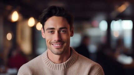 Handsome young man wearing a beige sweater, sitting in the cafeteria interior, smiling and looking at the camera. Attractive and pretty youthful male adult model person, photogenic guy