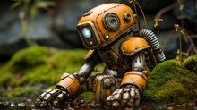 A Lone Android, Covered In Rust, Seated On A Moss-covered Stone, Silently Contemplating The Decay Of Its Mechanical Surroundings -Generative Ai