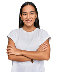 Wall Mural - Young asian woman wearing casual white t shirt happy face smiling with crossed arms looking at the camera. positive person.