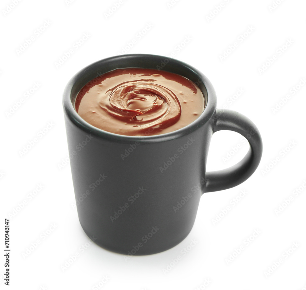 Cup of tasty melted chocolate on white background