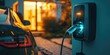 © piai - Electric car is being charged at night time from a wallbox, modern cottage