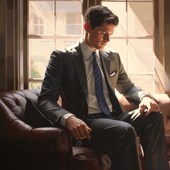 Poster - pensive man in suit looking out window