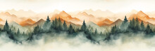 Seamless Pattern With Misty Mountains And Pine Trees In Earthy Green And Brown Colors. Hand Drawn Watercolor Landscape Seamless Border. For Print, Graphic Design, Fabric, Wallpaper, Wrapping Paper