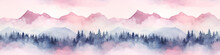 Seamless Pattern With Mountains And Pine Trees In Blue And Pink Colors. Hand Drawn Watercolor Mountain Landscape Seamless Border. For Print, Graphic Design, Postcard, Wallpaper, Wrapping Paper