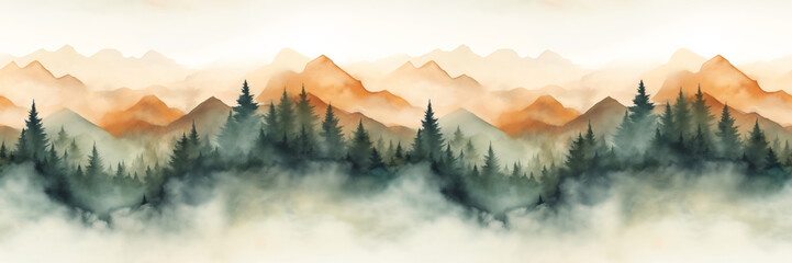 Wall Mural - Seamless pattern with misty mountains and pine trees in earthy green and brown colors. Hand drawn watercolor landscape seamless border. For print, graphic design, fabric, wallpaper, wrapping paper