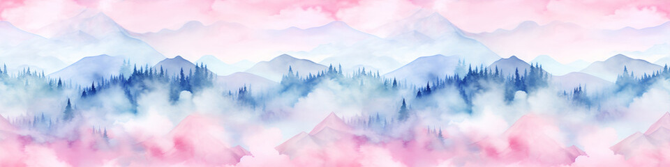 Wall Mural - Seamless pattern with mountains and pine trees in blue and pink colors. Hand drawn watercolor mountain landscape seamless border. For print, graphic design, postcard, wallpaper, wrapping paper