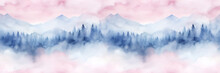 Seamless Pattern With Mountains And Pine Trees In Blue, Purple And Pink Colors. Hand Drawn Watercolor Mountain Landscape Seamless Border. For Print, Graphic Design, Postcard, Wallpaper, Wrapping Paper