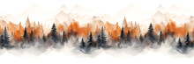 Seamless Border With Hand Painted Watercolor Mountains And Pine Trees. Seamless Pattern With Panoramic Landscape In Orange And Black Colors. For Print, Graphic Design, Wallpaper, Paper