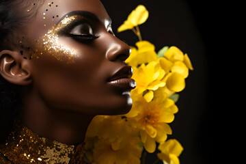 Fashion editorial Concept. Stunning beautiful black woman high fashion striking shiny yellow gold glitter shimmer sparkle. illuminated with dynamic composition and dramatic lighting. copy text space
