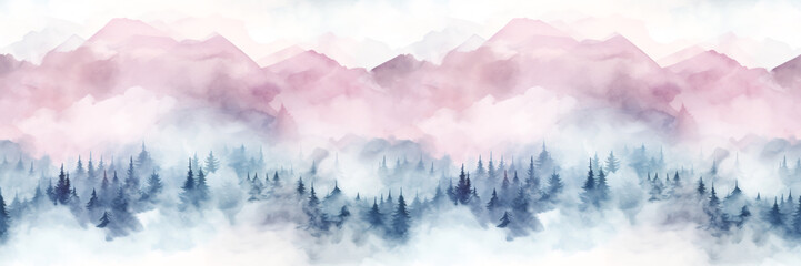 Wall Mural - Seamless pattern with mountains and pine trees in blue, purple and pink colors. Hand drawn watercolor mountain landscape seamless border. For print, graphic design, postcard, wallpaper, wrapping paper