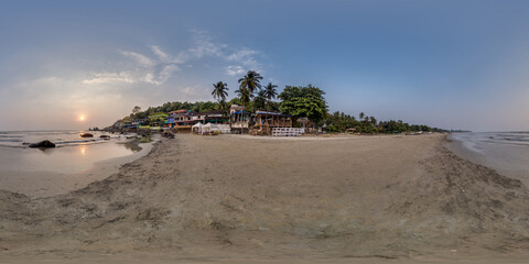 Wall Mural - 360 hdri panorama with coconut trees on ocean coast on beach at sunset in equirectangular spherical seamless projection