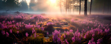 Beautiful Morning In The Forest Full Of Heather Flowers