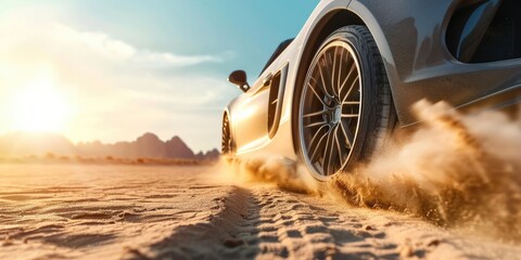 Poster - The car drives fast on the sand on a sunny day