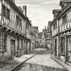 Naklejka na meble French medieval street, ancient houses, black and white drawing, retro style engravings	