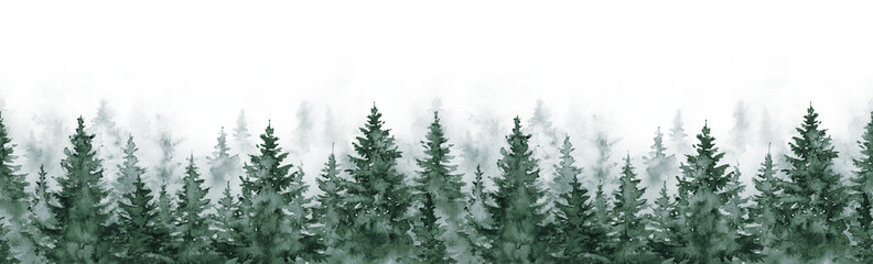 Wall Mural - hand painted watercolor illustration, seamless pattern of misty forest