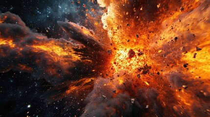 Wall Mural - an explosion of fire in space, close-up against the stars
