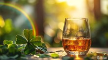 A Glass Of Whiskey Or Scotch With A Shamrock And Rainbow. 