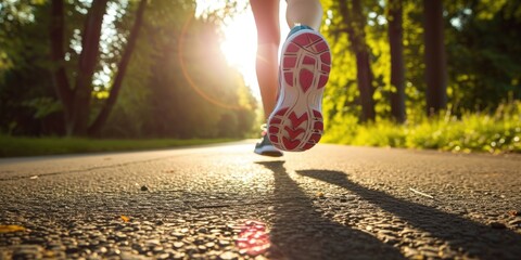 Wall Mural - Female runner's shoes on an asphalt road, sunny morning