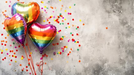 Wall Mural - Generative AI, Foil LGBT rainbow flag colors balloons in heart shape and confetti for Valentine's day or wedding with copy space	
