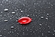 Water droplets on the water-repellent surface of a black and red waterproof bag