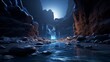A moonlit canyon, its sheer cliffs adorned with glistening snow, creating a breathtaking spectacle in the dead of night -Generative Ai