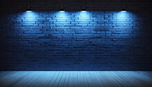 Empty Brick Wall With Blue Neon Spotlight With Copy Space. Lighting Effect Blue Color Glow On Brick Wall Background. Royalty High-quality Free Stock Photo Of Lights Blank Background For Texture