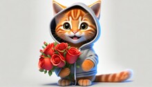 Orange Kitty In Cozy Hood Holding Red Roses