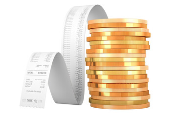 Poster - Golden coins with long printed receipt. 3D rendering isolated on transparent background