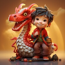 3D Little Chinese Boy With Dragon Statue, Chinese New Year Concept, Ai Generated