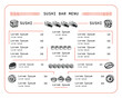 Restaurant sushi menu template. Isolated vector set of asian food in hand drawn doodle style on a white backgroud. Wasabi, ginger, soy sauce and sushi sticks.
