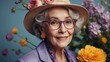 © OneMoreTry - Portrait of an adult and fashionable woman with glasses and a hat with flowers. Pleasant and neat appearance. Floral background of lilac and yellow flowers. The atmosphere of spring and summer.