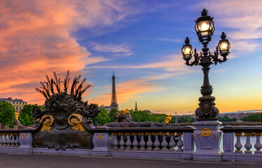 Wall Mural - street lantern on the alexandre iii bridge with the eiffel tower in the background in paris, france.