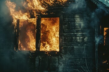 Poster - A picture of a house engulfed in flames with smoke billowing out of the window. Can be used to depict a fire emergency or disaster