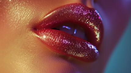 Poster - Close up of a woman's lips with a sparkling glitter finish. Perfect for adding a touch of glamour and sparkle to any makeup or beauty-related project