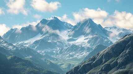 Aufkleber - A stunning view of a mountain range with snow-covered peaks. Perfect for nature and adventure-themed designs