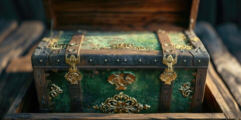 Poster - A green and gold chest sitting on top of a wooden table. Perfect for adding a touch of elegance and sophistication to any space