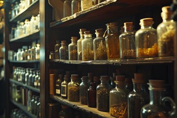 Poster - A shelf filled with various bottles and jars. Ideal for use in home organization, kitchen, or beauty product themes