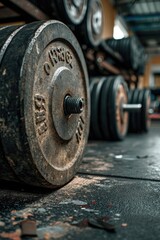 Poster - A close-up view of a barbell in a gym. Perfect for fitness and strength training related projects