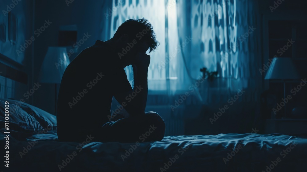 Lonely man silhouette sitting on the bed feeling depressed and stressed ...