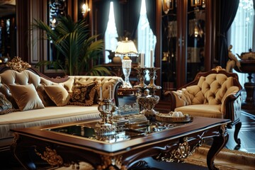 Poster - A well-furnished living room with a beautiful chandelier. Perfect for interior design projects or home decor inspiration