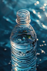 Poster - A bottle of water sitting on top of a body of water. Perfect for illustrating hydration, summer, and relaxation